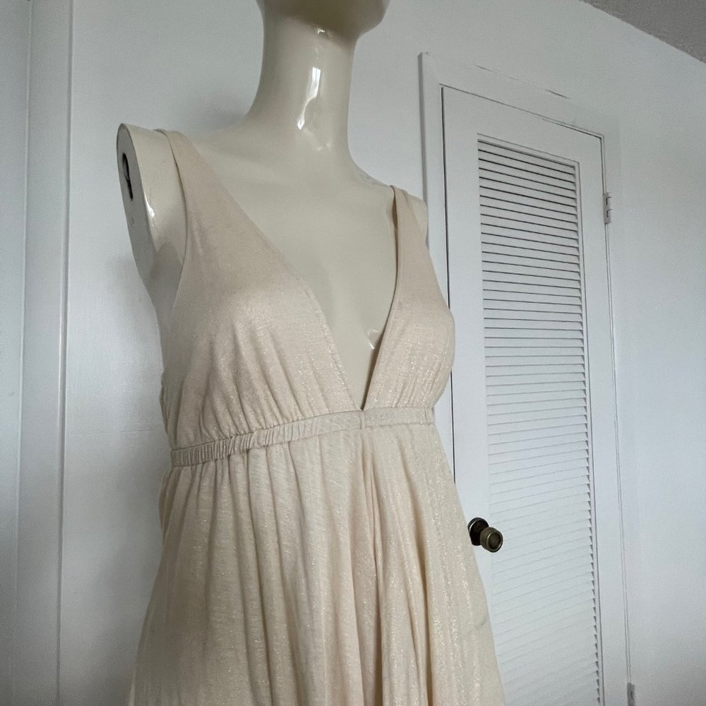Sexy blouse with plunging neckline sz Medium, gold/beige